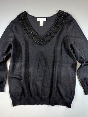 Judith Hart Collection Black Silk Blend Beaded V-Neck Sweater Size L Vintage Y2K
